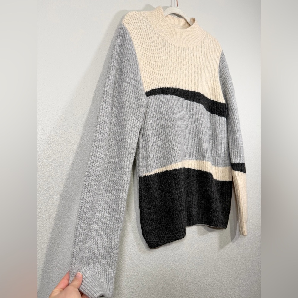 &Merci Sweater Colorblock Mock Turtleneck Cream Gray Black Heavy Warm Women L - Picture 2 of 6